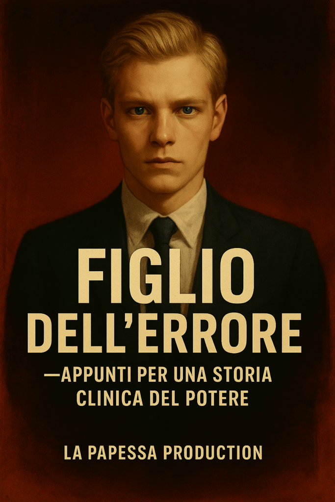Ritratto disturbante di un giovane uomo biondo, occhi azzurri come vetro, il volto diviso tra perfezione estetica e inquietudine. Indossa un completo elegante ma fuori fuoco, come appartenesse a un potere fuori tempo. Sullo sfondo, un’esplosione silenziosa di simboli: schede madri, medaglie, feti stilizzati e grattacieli trafitti da fili. Una figura che osserva, ma non guarda. La bellezza del controllo che nasconde la malattia dell’anima.