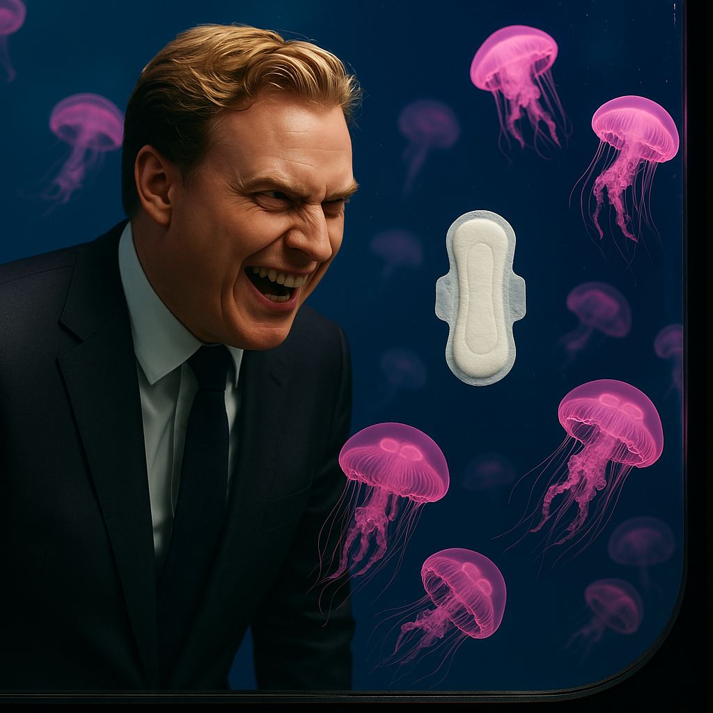 Un uomo biondo, impeccabilmente vestito in abito blu petrolio, sorride di lato con un’espressione ambigua — a metà tra soddisfazione e controllo. Oltre il vetro: un acquario rotondo pieno di meduse rosa, fluttuanti in slow motion. Tra di esse, un assorbente igienico galleggia, più in alto delle altre, come se stesse cercando di emergere. La scena è satura di luce azzurra, con riflessi acquatici proiettati sul volto dell’uomo.