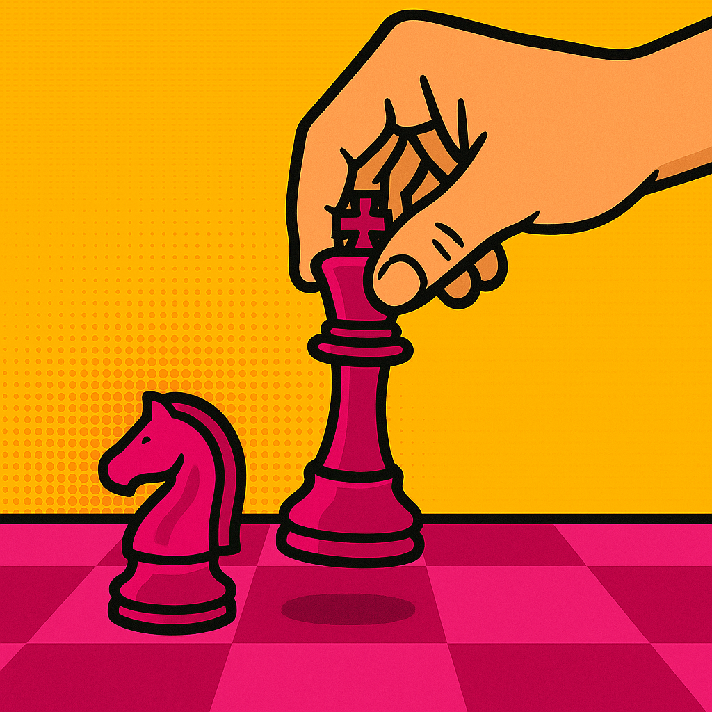 Mano cartoon stilizzata, in primo piano, che muove un pezzo degli scacchi fucsia a pois su una scacchiera astratta. Lo sfondo è giallo saturo. Il gesto è quello dello “scacco matto”, simbolo di vittoria strategica. L’estetica è pop, ironica, critica.
