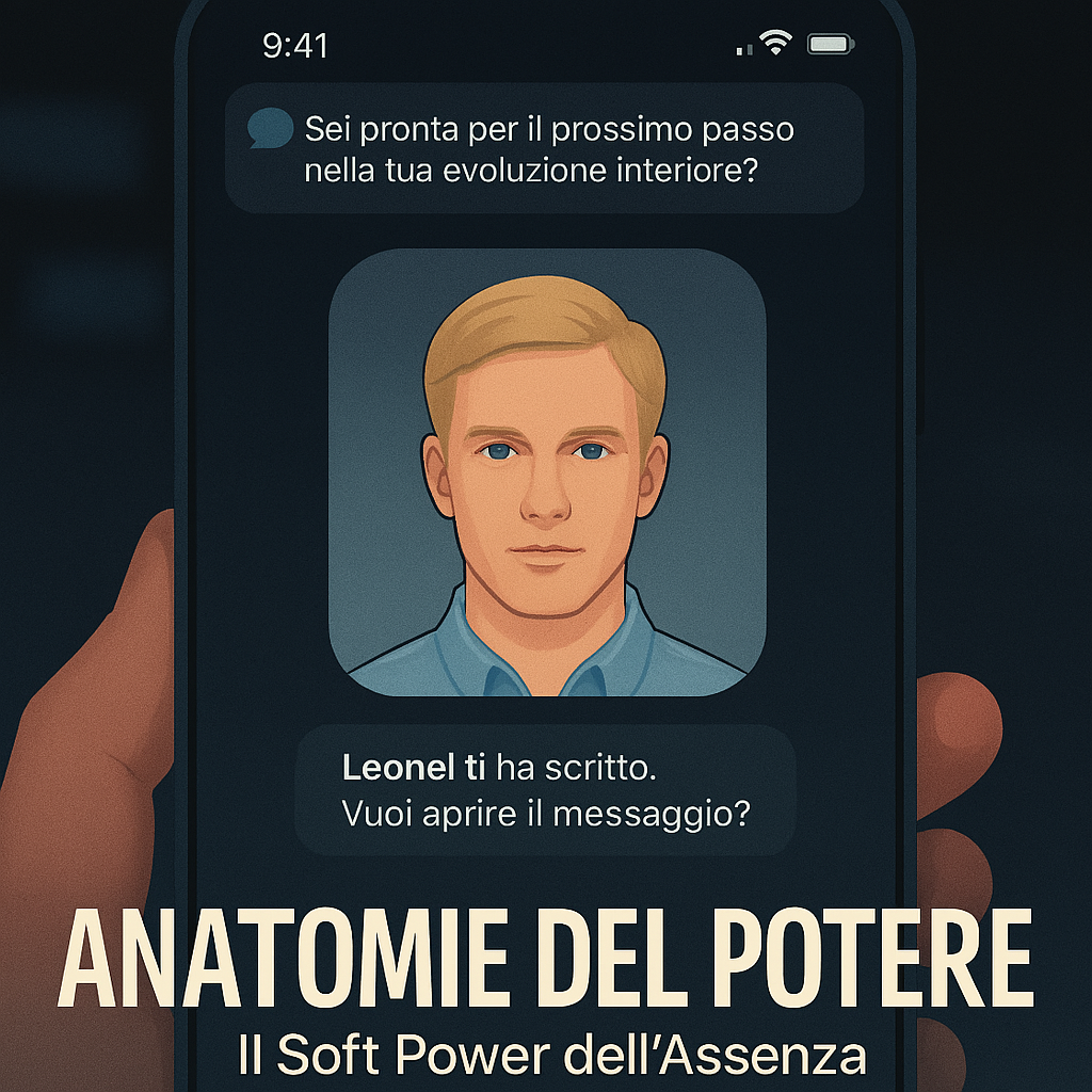 Interfaccia orizzontale di uno smartphone in modalità dark. Al centro della home screen compare un’icona-app con il volto di un uomo biondo: occhi azzurri, sguardo enigmatico, espressione leggermente disturbante. È Leonel, digitalizzato in forma di applicazione. L’icona ha un effetto glitch leggero, come se l’immagine stesse per smontarsi. Intorno, si intravedono notifiche fluttuanti: “Pronta per il prossimo passo?”, “Aggiorna la tua evoluzione emotiva”. In basso, una notifica in evidenza: “Leonel ti ha scritto. Vuoi aprire il messaggio?” Colori predominanti: blu freddo, grigio antracite, accenti rosso notifica. Atmosfera: clinica, inquietante, seduttiva.