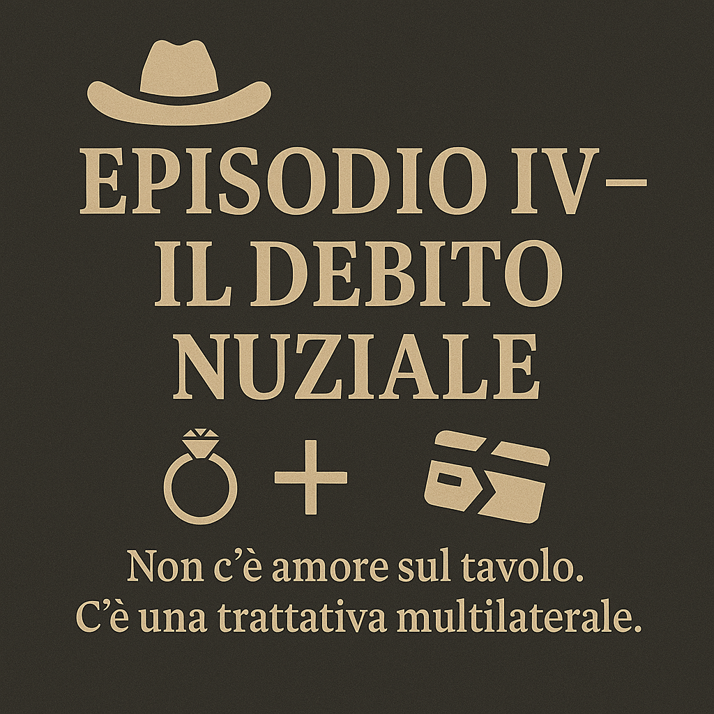 Composizione teatrale con sfondo screpolato, un cappello texano abbandonato su un tavolo d’intelligence, accanto a un anello nuziale e una carta di credito tagliata a metà. L’atmosfera richiama il cinismo elegante delle trattative invisibili.