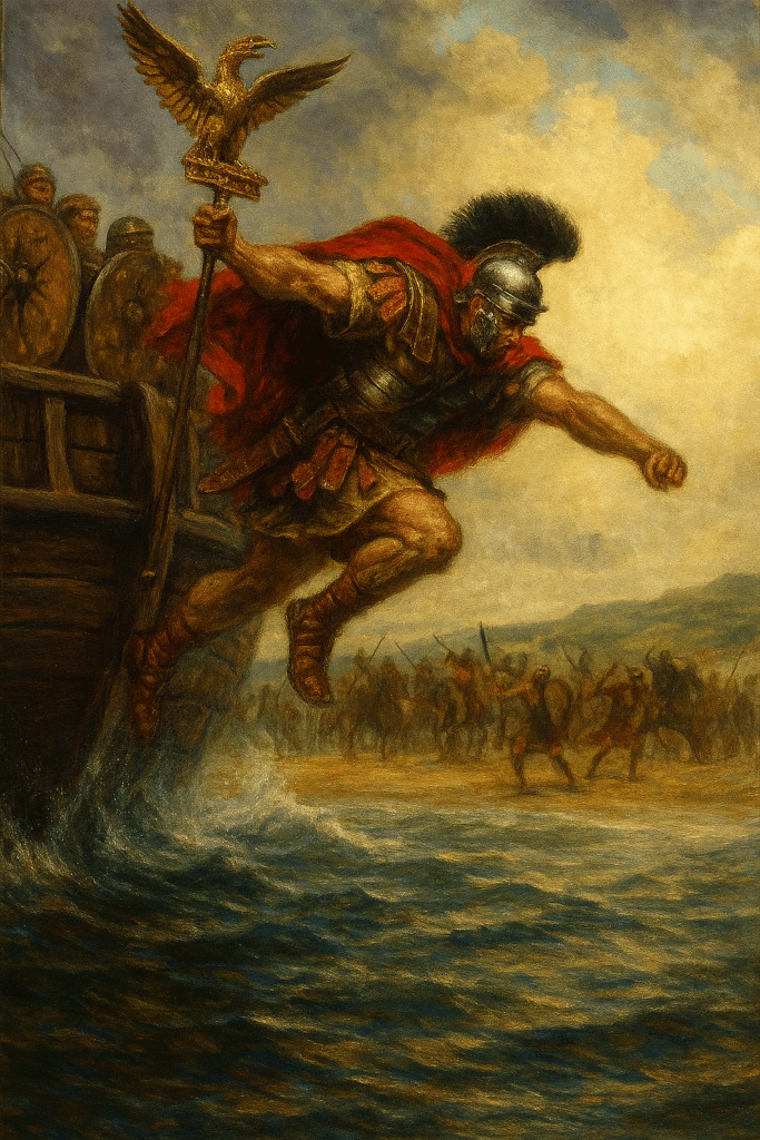 Soldato romano con l’aquila della decima legione si lancia in mare dalla nave, guidando l’attacco contro i barbari sulla costa britannica.
