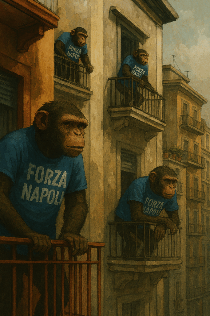 Scimmie antropomorfe affacciate ai balconi di palazzi popolari, indossano magliette “Forza Napoli” e osservano la strada con espressioni vigili. L’immagine è ironica e surreale, ambientata in un contesto urbano degradato.