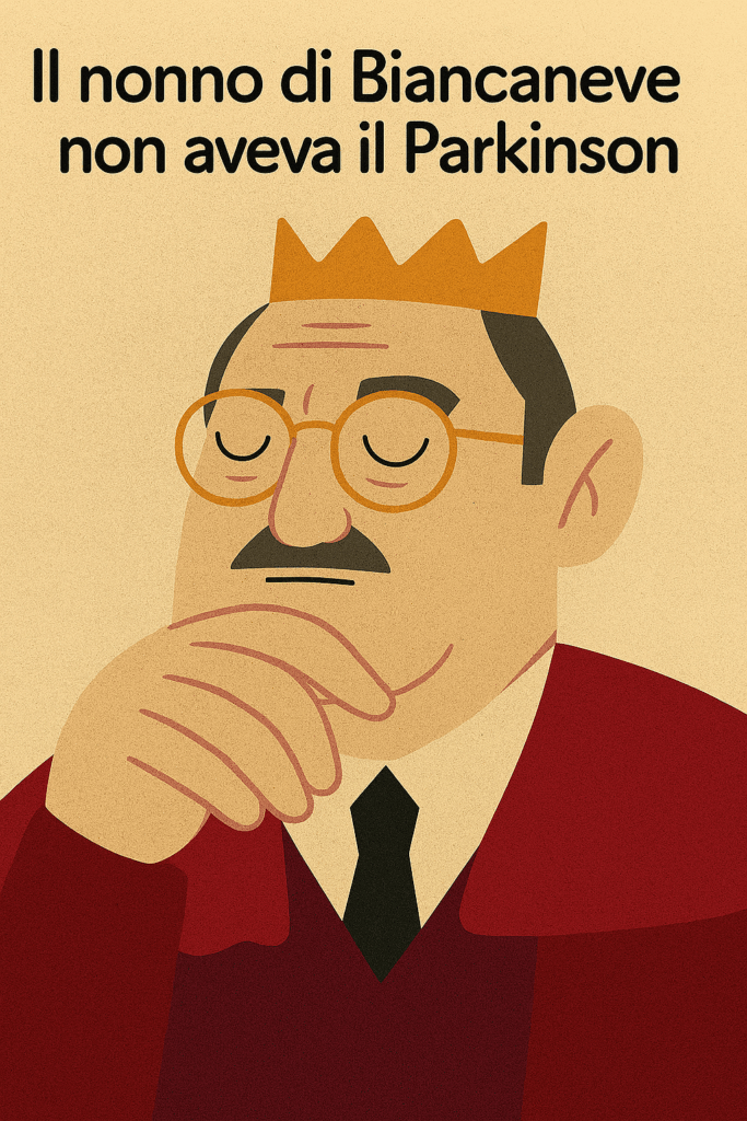 Ritratto illustrato di un anziano re con carnagione chiara, occhiali dorati e corona, su sfondo beige con il titolo “Il nonno di Biancaneve non aveva il Parkinson”.
