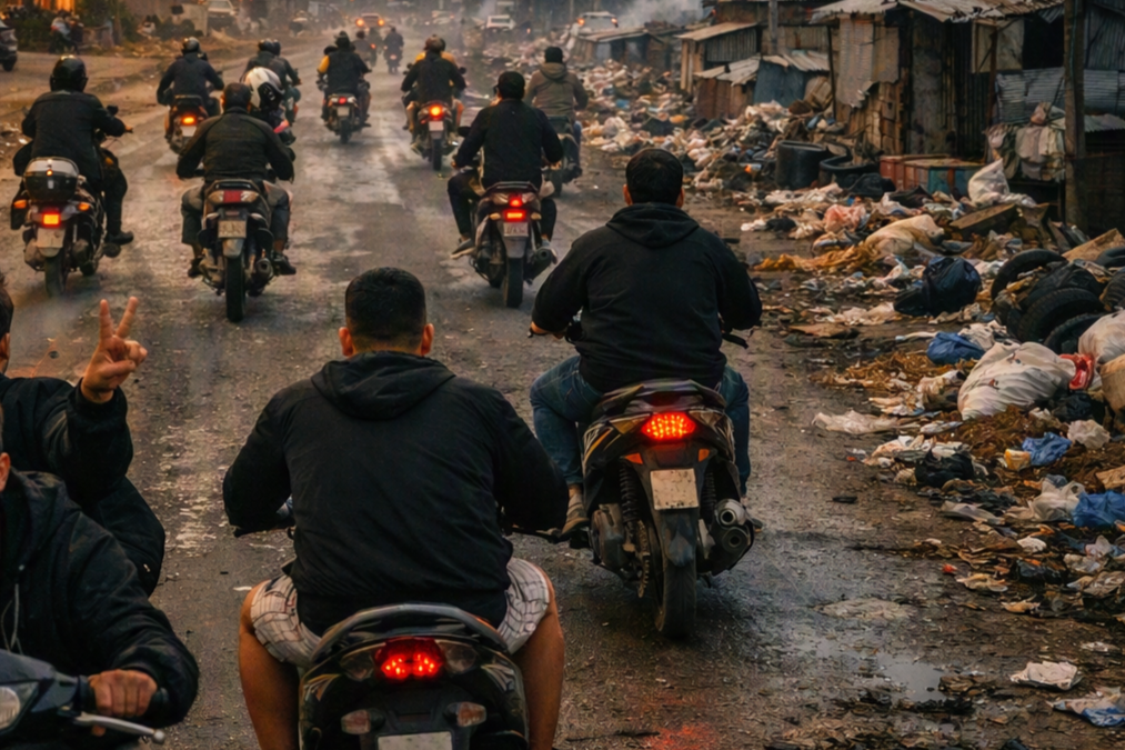 A group of young men riding scooters without helmets leave a brightly lit city tunnel behind and head toward a poor, run-down neighborhood with littered streets and crumbling buildings under a gray sky.